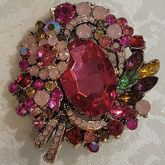 #Vintage Brilliant Floral Brooch Open Back Rhinestone Pinks, AB, Coral, Red - Picture 7 of 7